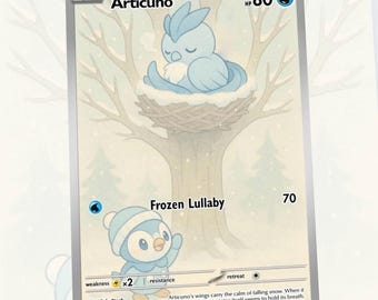 May include: A Pokémon trading card featuring Articuno, a blue bird-like creature, in a snowy scene. The card includes the text "Articuno", "Frozen Lullaby", and other game-related details. The illustration shows Articuno in a nest and a smaller penguin-like character.