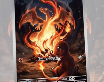 May include: A Pokémon trading card featuring Charmander, with a fiery illustration of the character engulfed in flames. The card includes the text "Ember Destiny" and other game-related details.