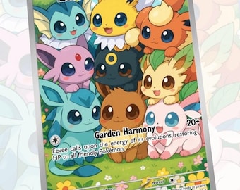 May include: A colorful Pokémon trading card featuring multiple Eevee evolutions. The card has a green and white floral background with text that reads "Garden Harmony" and "Eevee calls upon the energy of its evolutions, restoring HP to all friendly Pokémon."