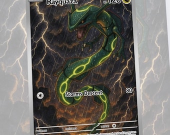 May include: A Rayquaza Pokémon trading card. The card features a green serpentine dragon with yellow markings against a stormy background. Text includes "Rayquaza", "Storms Descent", and other game details.