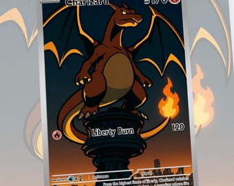 May include: A Charizard Pokémon trading card featuring a brown dragon illustration with orange accents. The card includes the text "Liberty Burn" and "HP 170". A fiery flame is depicted on the right side of the card, with a cityscape in the background.