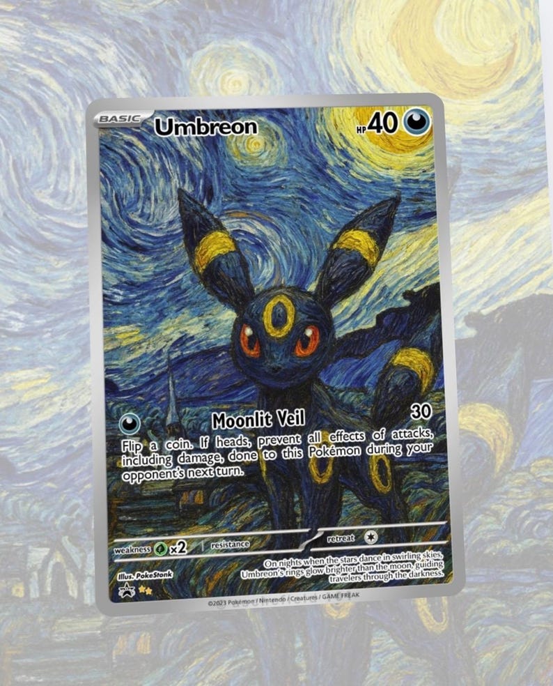 May include: A Pok&eacute;mon trading card featuring Umbreon, a dark-type Pok&eacute;mon. The card has a starry night background, with the text "Umbreon" at the top. The card's design includes the text "Moonlit Veil" and other game-related text.