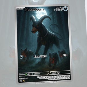 May include: A Pokémon trading card featuring Houndoom, a black canine creature with horns, standing in a dark forest under a full moon. The card includes the text "Houndoom", "Pack Hunt", and other game-related details.