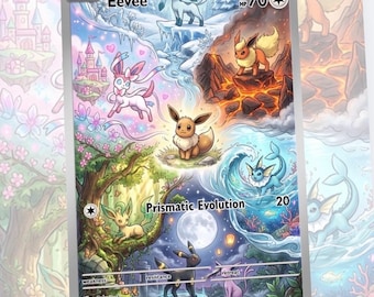 May include: A holographic trading card featuring Eevee and its evolutions. The card has a silver border and displays various environments, including ice, fire, water, and forests. The text "Eevee" and "Prismatic Evolution" are visible, along with other game-related details.