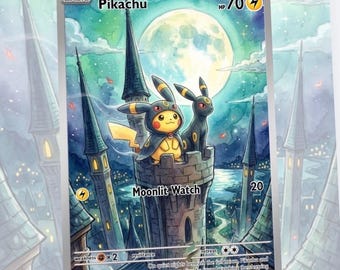 May include: A Pokemon trading card featuring Pikachu and Umbreon on a castle tower under a full moon. The card has a watercolor style illustration with the text "Moonlit Watch" and "Pikachu". The background shows a city at night.