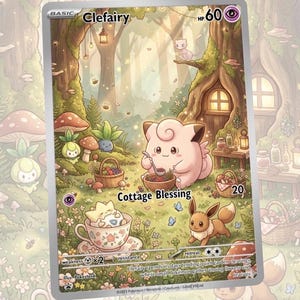 May include: A Clefairy Pokémon card with a whimsical forest scene. The card features a pink Clefairy character, mushrooms, and other Pokémon. Text on the card includes "Cottage Blessing" and "HP 60". The illustration has a soft, pastel color palette.