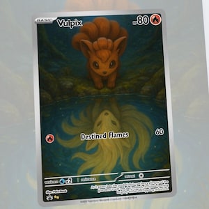 May include: A Vulpix Pokémon trading card featuring a red-orange fox-like creature with a fiery tail. The card has the text "Vulpix" and "Destined Flames". The artwork depicts the creature and its reflection in water.