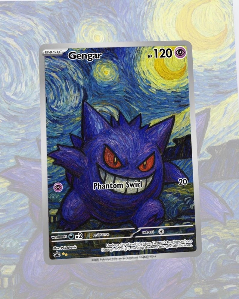 May include: A Gengar Pok&eacute;mon trading card with a stylized background reminiscent of Van Gogh's "Starry Night." The purple Gengar has red eyes and the text "Phantom Swirl." The card also features the text "Gengar" and "HP 120."