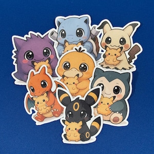 May include: A collection of colorful cartoon stickers featuring various Pokémon characters. The stickers include a purple Gengar, a blue Squirtle, an orange Charmander, a yellow Pikachu, a black Umbreon, a blue Snorlax, and an orange Psyduck.