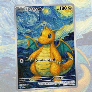 May include: A Dragonite Pok&eacute;mon card with a unique artistic style. The card features a yellow Dragonite with blue wings against a swirling blue and yellow starry night background. The card text includes "Dragonite", "Celestial Spiral", and "HP 180".