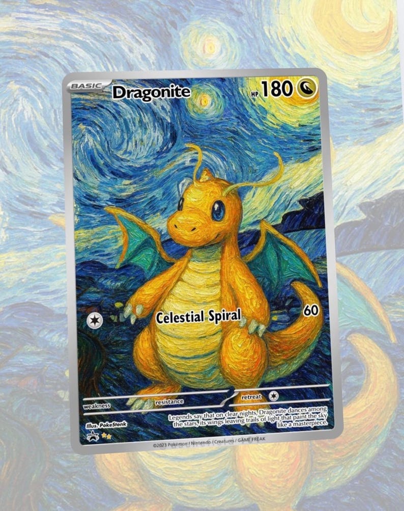 May include: A Dragonite Pok&eacute;mon card with a unique artistic style. The card features a yellow Dragonite with blue wings against a swirling blue and yellow starry night background. The card text includes "Dragonite", "Celestial Spiral", and "HP 180".