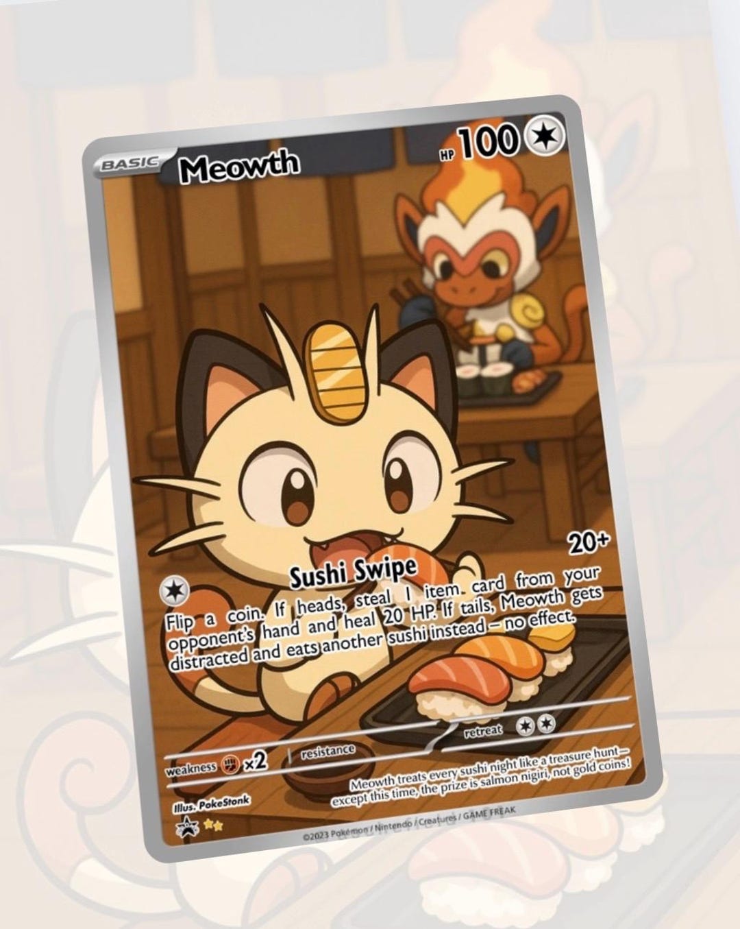 sushi pokemon card Meowth Sushi Custom Made Card Fan Art Card