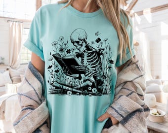 Skeleton Reading Book T-Shirt, Gothic Bookworm Tee, Dark Academia Graphic Top