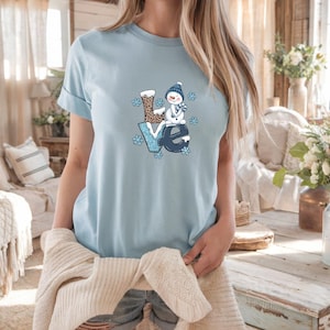 Love Snowman Shirt, Cute Winter Christmas Tee, Blue Plaid & Leopard Print T-Shirt, Holiday Graphic Top, Comfort Colors Cozy Tee