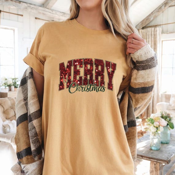 Merry Christmas Shirt, Red Sequin Effect Tee, Festive Holiday T