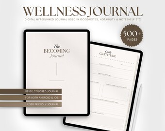 May include: Digital wellness journal with the text "WELLNESS JOURNAL" and "The BECOMING Journal". The journal is beige-colored and has over 500 pages. It is user-friendly and designed for both Android and iOS.