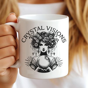 Crystal Visions Mystical Woman Coffee Mug | Vintage Boho Ceramic Cup | Fortune Teller Witchy Kitchen Decor | 11oz 15oz