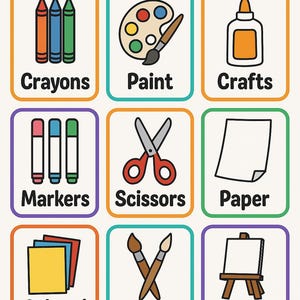 May include: A colorful illustration featuring art supplies. The image includes crayons, paint, glue, markers, scissors, paper, colored paper, brushes, and an easel. The words "Arts and Creativity" are at the bottom.