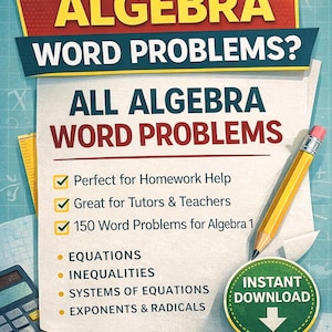 Afdrukbare algebrawoordproblemen | Wiskundepakket middelbare school | 150 vragen | Algebra 1 en 2 | PDF-bestand met wiskundehulpmiddel voor thuisonderwijs