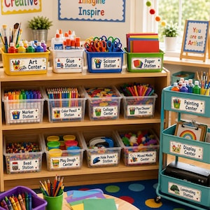 Puede incluir: Un sistema de organización para el aula con múltiples contenedores de plástico transparente y un carrito rodante color verde azulado, etiquetados con categorías como Art Center, Glue Station y Scissor Station, llenos de materiales.