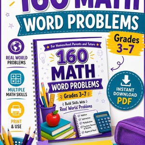 Könnte beinhalten: Ein spiralgebundenes Arbeitsbuch mit dem Titel 160 Math Word Problems for Grades 3-7, mit einem violetten Einband, einem roten Apfel, einem Taschenrechner und einer Liste mathematischer Themen. Der Einband enthält Text für Eltern.