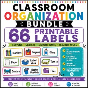 May include: A digital graphic for a classroom organization bundle featuring the text 66 Printable Labels. The design includes colorful icons for markers, crayons, glue, paper, student work, turn in, centers, teacher use only, and files.