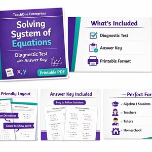 System of Equations Diagnostic Test  Algebra 1 Pre Test Worksheet Bundle  Graphing Substitution Elimination Printable Math Assessment