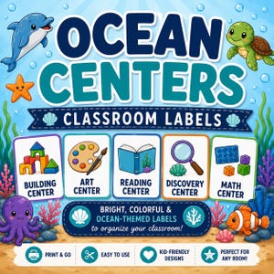 May include: A set of Ocean Centers classroom labels featuring a blue dolphin, green turtle, orange starfish, purple octopus, and clownfish. The text reads Ocean Centers Classroom Labels, Building, Art, Reading, Discovery, and Math Center.