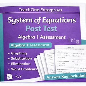 Könnte beinhalten: Ein lila- und türkisfarbener Algebra 1 Post Test von TeachOne Enterprises. Das Cover zeigt den Titel "System of Equations" und listet Themen wie Graphen und Substitution auf. Enthält einen Antwortschlüssel.
