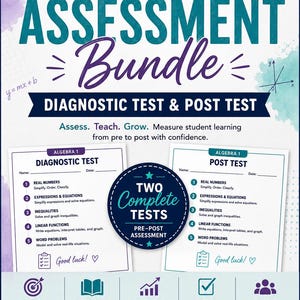 Könnte beinhalten: Ein teal- und lila Algebra 1 Assessment Bundle für die Klassen 9-10. Das Bild zeigt einen Diagnose- und einen Nachtest mit Abschnitten zu reellen Zahlen, Ausdrücken, Ungleichungen, linearen Funktionen und Textaufgaben. Das Bundle soll das Lernen der Schüler messen.