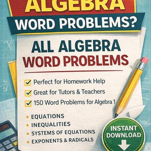 Algebra Word Problems High School Math Worksheet Printable Practice Packet Homework Assignment Student Workbook Teacher Resource Curriculum