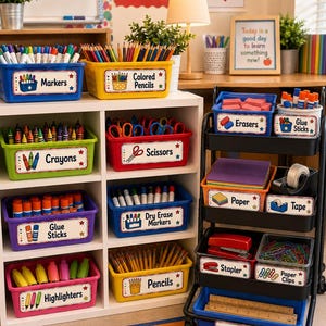 Può includere: Un mobiletto bianco e un carrello nero con ruote pieni di contenitori in plastica colorata etichettati per materiale scolastico, inclusi pennarelli, matite colorate, pastelli, forbici, colla stick, evidenziatori, pennarelli cancellabili, matite, gomme, carta, nastro adesivo, cucitrice, graffette e righelli.