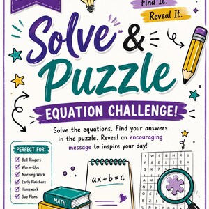Puede incluir: Un póster educativo colorido titulado Algebra 1 Bell Ringer Solve & Puzzle Equation Challenge. Incluye una bombilla, un lápiz, una pila de libros etiquetados como Math y Focus, un bloc de notas con ax+b=c y una sopa de letras con una lupa.