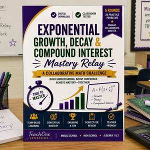 May include: A vertical educational poster titled Exponential Growth, Decay & Compound Interest Mastery Relay. The design features a purple stopwatch, a bar graph, and the formula A=P(1+r/n)nt. It includes text about team-based learning, maths challenges, and classroom testing for middle and high school algebra.
