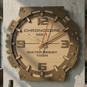 May include: A round wall clock with a light wood face and dark brown frame. The face features the text CHRONOCORE MK1 and WATER RESIST 100M, with large numerals 3, 6, 9, and 12. It has gold-toned hour and minute hands and a thin red second hand.