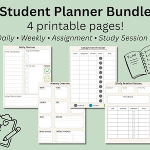 Könnte beinhalten: Ein Studentenplaner-Bundle mit vier bedruckbaren Seiten. Die Seiten umfassen einen Tagesplaner, eine Wochenübersicht, einen Aufgaben-Tracker und einen Studienplaner. Das Design ist minimalistisch mit hellem Hintergrund und schwarzem Text.