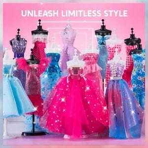 Puede incluir: Una colecci&oacute;n de vestidos en miniatura de varios colores y estilos, exhibidos en maniqu&iacute;es. Los vestidos incluyen una variedad de dise&ntilde;os, desde corpi&ntilde;os con lentejuelas hasta faldas de tul fluidas, con el texto "UNLEASH LIMITLESS STYLE" en el fondo.