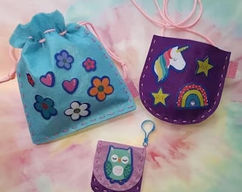 Kids Beginner Sewing Kit – 6 Easy Animal-Themed Felt Bag Projects for Ages 5+, DIY Handbag & Pouch Set with Instructions,Safe Tools Included
