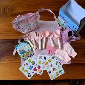 Kids Gardening Kit with Tools & Accessories – 14Pc Outdoor STEM Activity Set with Tote Bag, Can, Apron, Book, Plant Tags and Stickers (Pink)