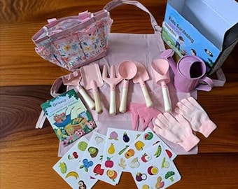 Kids Gardening Kit with Tools & Accessories – 14Pc Outdoor STEM Activity Set with Tote Bag, Can, Apron, Book, Plant Tags and Stickers (Pink)
