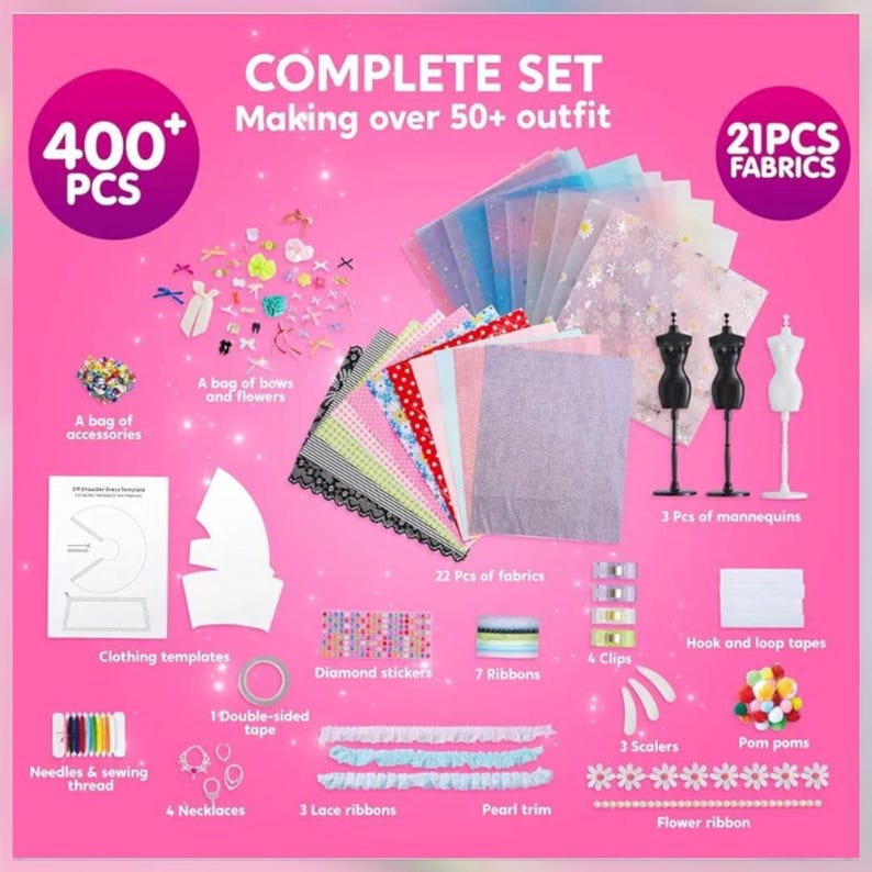Puede incluir: Un juego completo para hacer atuendos, que incluye m&aacute;s de 400 piezas, 21 telas, plantillas de ropa, accesorios, cintas y maniqu&iacute;es. El juego incluye agujas, hilo y otros suministros de manualidades. El texto de la imagen dice "COMPLETE SET" y "Making over 50+ outfit".