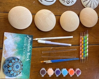 Mandala Rock Painting Kit for Adults & Kids – DIY Dot Art Set with Wooden Rocks, Paints, Dotting Tools and Stencils – Rock Art Craft Kit