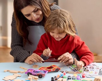 Build and Paint Wooden Race Car Kit for Kids – DIY Car Craft Set with Paint & Stickers – Fun Boys Girls Birthday Gift, Creative Toy Set