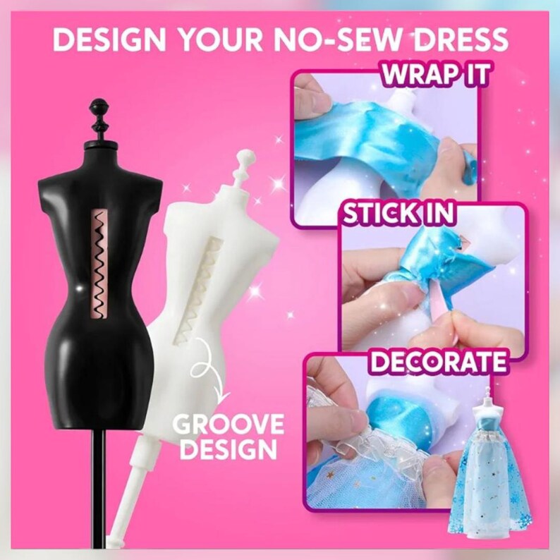 Puede incluir: Un conjunto de maniqu&iacute;es en blanco y negro con el texto "DESIGN YOUR NO-SEW DRESS". La imagen muestra los pasos para crear un vestido: envolver, pegar y decorar. El maniqu&iacute; tiene un dise&ntilde;o de ranura.