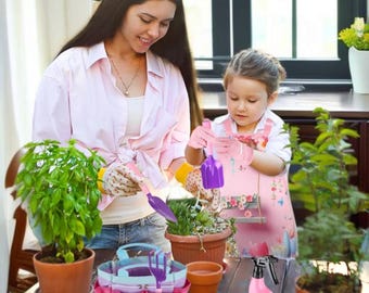 Kids Garden Tool Set with Tote Bag – Pink Flower Apron, Metal Tools, Gloves & Watering Can – Gardening Gifts for Girls Ages 3-8