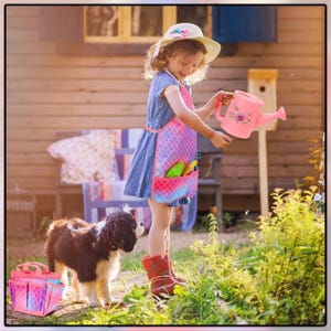 Kids Pink Gardening Tool Set for Girls – Toddler Garden Kit with Watering Can, Gloves, Apron, Shovel, Rake, Tote Bag, DIY Sticker
