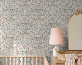 Pastel Wildflower Damask Wallpaper, Peel and Stick Floral Nursery Wallpaper, Cottagecore Girls Room Decor