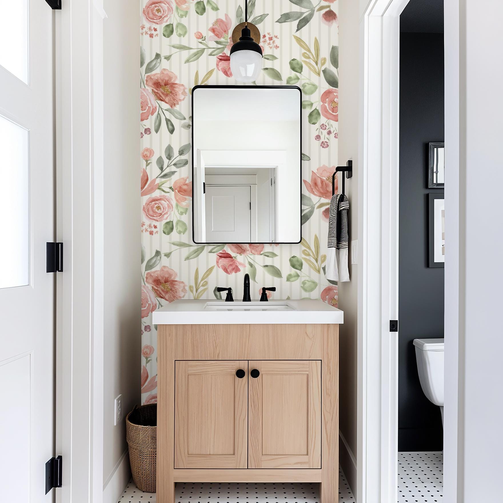 Floral Peel and Stick Wallpaper Mural: Pink Rose & Stripe Accent Wall ...
