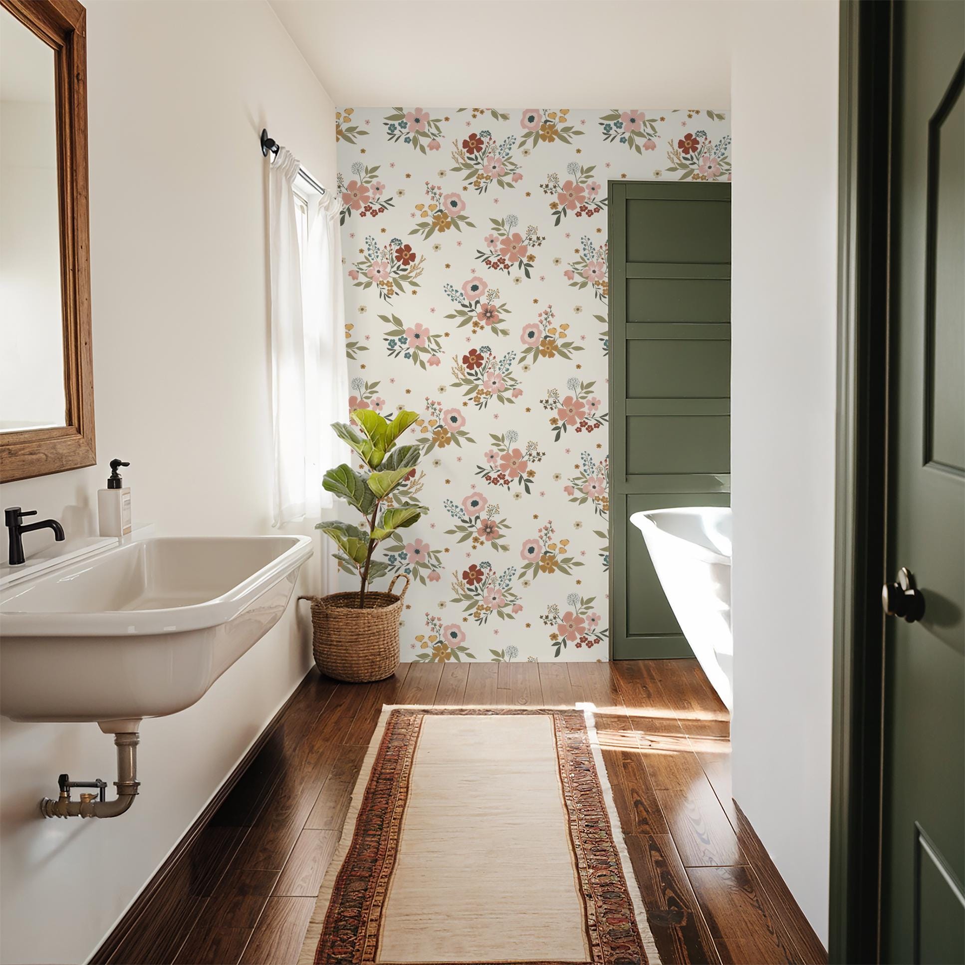 Floral Peel and Stick Wallpaper Mural: Vintage Cottagecore Nursery ...