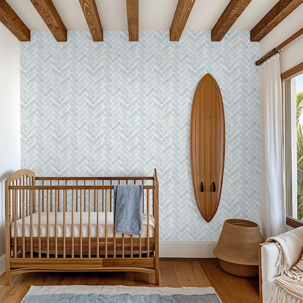 Papel pintado de espiga azul acuarela, chevrones azules costeros, textura de acuarela pintada, decoración de pared moderna autoadhesiva para habitación infantil de niño